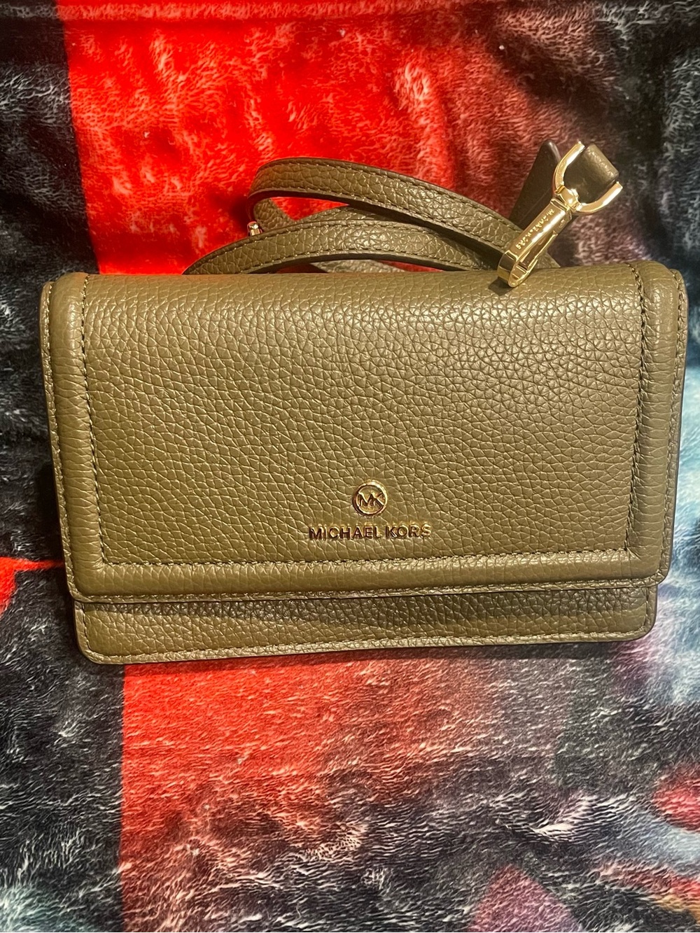 Michael Kors Olive Green Pebbled Leather Crossbody Wallet